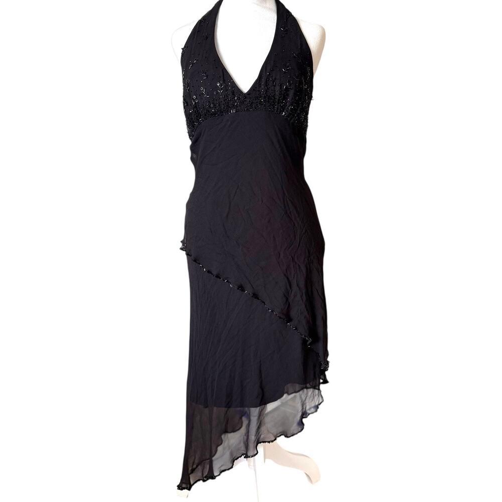 Vintage Y2K Marina Black Silk Beaded Floral Handkerchief Asymmetrical Dress 14